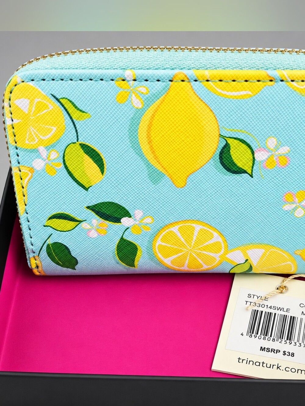 Trina Turk Lemon Print Zip Around Wallet NWT Gift Box Blue Yellow MSRP $38